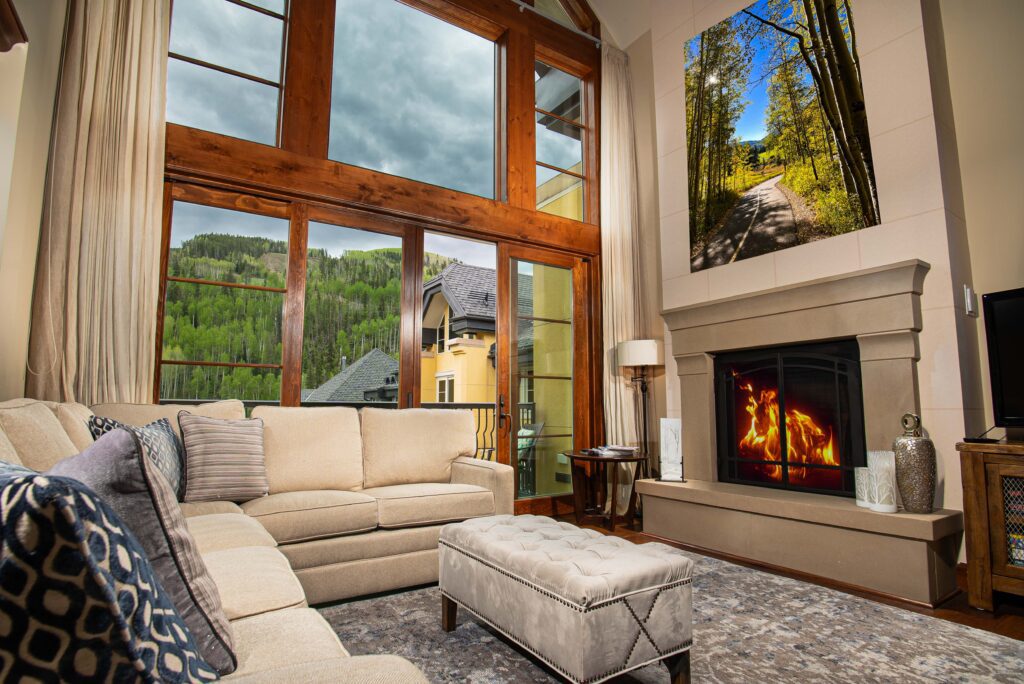 Ritz Carlton Vail Penthouse luxury rental living room in Lionshead.